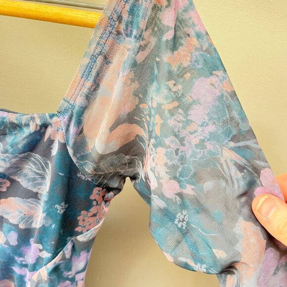 NEW Free People Midnight Combo Floral Mesh Ruched Bodycon Dress Long Sleeve Size - Picture 2 of 8